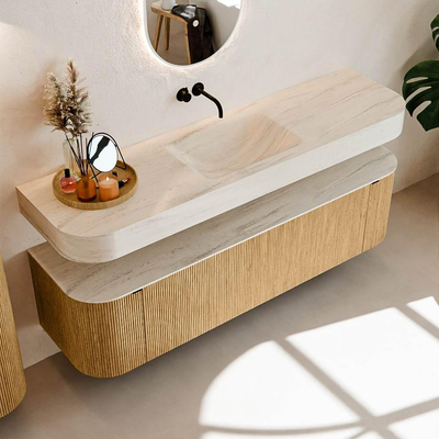 MONDIAZ THOR-DLUX 170cm badmeubel ronding links + rechts kleur Oak met 1 lade en 2 deuren. Vrijhangende wastafel CLOUD Midden zonder kraangat kleur Meli.