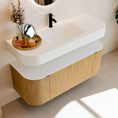 MONDIAZ THOR 120cm meuble de salle de bains arrondi gauche + droite couleur Oak avec 1 tiroir et 2 portes. Vasque suspendue CLOUD Milieu 1 trou de robinet couleur Talc.