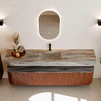 MONDIAZ THOR-DLUX 200cm meuble de salle de bains arrondi gauche + droite couleur Ruby avec 2 tiroirs et 2 portes. Vasque suspendue CLOUD Milieu 1 trou de robinet couleur Oza.