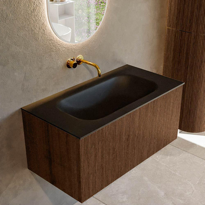 MONDIAZ KURVE 90cm badmeubel kleur Walnut met 1 lade. Wastafel BIG SMALL midden zonder kraangat Urban.