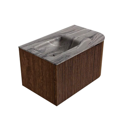 MONDIAZ KURVE-DLUX Meuble de salle de bains 75cm arrondi à droite couleur Walnut avec 1 tiroir et 1 porte. Lavabo GRUNNE à gauche 1 trou de robinet Sombra.