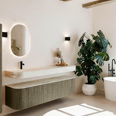 MONDIAZ THOR-DLUX 180cm badmeubel ronding links + rechts kleur Shadow met 2 lades en 2 deuren. Vrijhangende wastafel CLOUD Links 1 kraangat kleur Ostra.