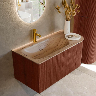MONDIAZ KURVE-DLUX Meuble de salle de bains 95cm arrondi à droite couleur Ruby avec 1 tiroir et 1 porte. Lavabo BIG SMALL à gauche 1 trou de robinet Arena.