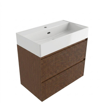 Saniclass Holz Atelier Ensemble meuble de salle de bains - 80x45x72cm - Legend lavabo en céramique blanc - 1 vasque - sans trou de robinetterie - 2 tiroirs - walnut pure mat (bois)