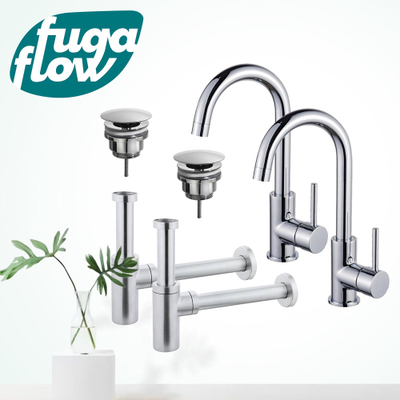 FugaFlow Eccelente Sobrado Kit robinet lavabo - pour double vasque - robinet haut - bec rotatif - bonde non-obturable - siphon design - Chrome brillant