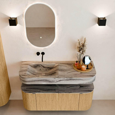 MONDIAZ THOR-DLUX 120cm badmeubel ronding links + rechts kleur Oak met 1 lade en 2 deuren. Vrijhangende wastafel CLOUD Links zonder kraangat kleur Sombra.