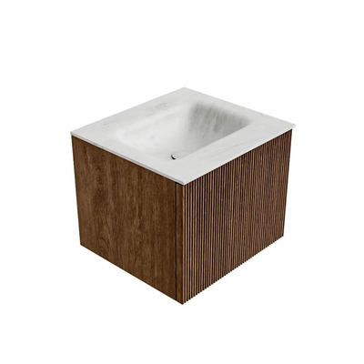 MONDIAZ KURVE-DLUX 50cm Meuble salle de bain - couleur Walnut - 1 tiroir - vasque GRUNNE centre - 1 trou de robinet - couleur Opalo