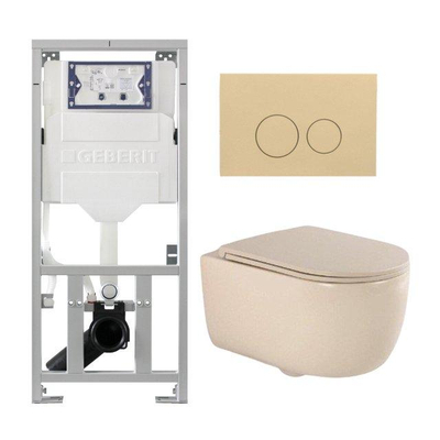 QeramiQ Dely Swirl Ensemble WC - 36.3x51.7cm - réservoir encastré Geberit UP320 - avec cadre Burda - abattant slim - plaque de commande beige - boutons ronds - beige