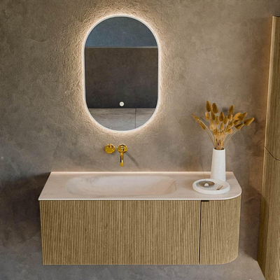 MONDIAZ KURVE-DLUX Meuble de salle de bains 115cm arrondi à droite couleur Dusk avec 1 tiroir et 1 porte. Vasque BIG SMALL à gauche sans trou de robinet Meli.