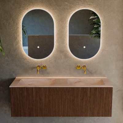 MONDIAZ KURVE-DLUX 130cm badmeubel kleur Walnut met 2 lades en 0 deuren. Wastafel LEAF Dubbel zonder kraangat Saba.