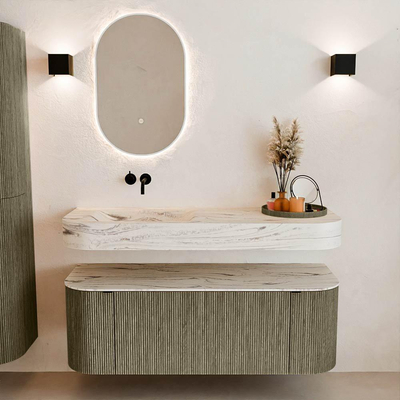 MONDIAZ THOR-DLUX 130cm meuble de salle de bains arrondi gauche + droite couleur Shadow avec 1 tiroir et 2 portes. Vasque suspendue CLOUD Gauche sans trou de robinet couleur Nata.