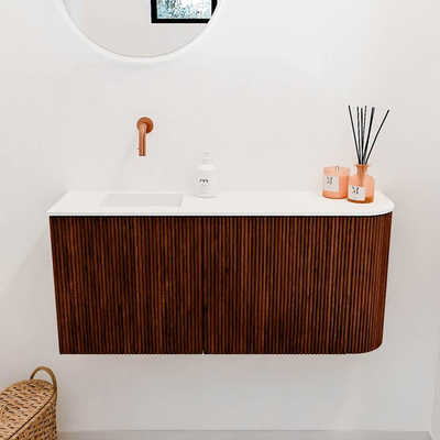 Mondiaz JOYA 91.6cm toiletmeubel - ronding rechts kleur Ruby - Wastafel FAYE positie Links Zonder kraangat kleur Talc.