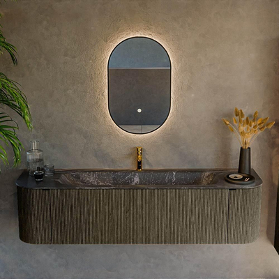 Ensemble de meuble de salle de bain Mondiaz KURVE-DLUX - 170x46x40cm - 1 tiroir - 2 portes - lavabo en solid surface - milieu - 1 trou de robinet - Shadow