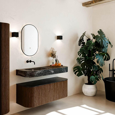 MONDIAZ THOR-DLUX 120cm badmeubel ronding links + rechts kleur Walnut met 1 lade en 2 deuren. Vrijhangende wastafel CLOUD Links zonder kraangat kleur Lava.