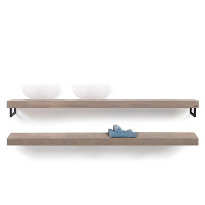 Looox Wood collection Duo étagères murales 200x46cm - 2 pièces - Avec porte-serviettes noir mat - chêne massif gris ancien