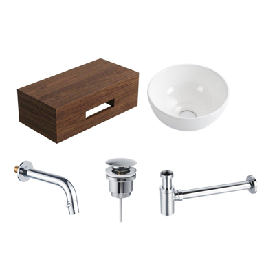 Royal Plaza Terra Planche pour lave-mains - 40x25x10cm - avec porte-serviettes - vasque à poser blanc brillant - robinet de lave-mains chrome - bonde - siphon - châtaigne (noyer)