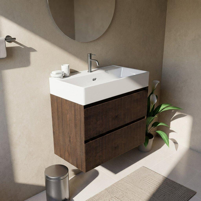 Saniclass Holz Atelier Ensemble meuble de salle de bains - 80x45x72cm - lavabo Legend en céramique blanc - 1 vasque - 1 trou de robinetterie - 2 tiroirs - chêne charcoal mat (bois)