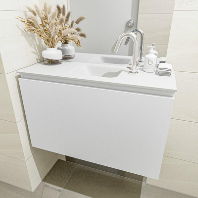 MONDIAZ OLAN Kit lave-mains - 80x30x40cm - 1 trou de robinet - 1 tiroir - talc mat - lavabo centré - Solid Surface Blanc