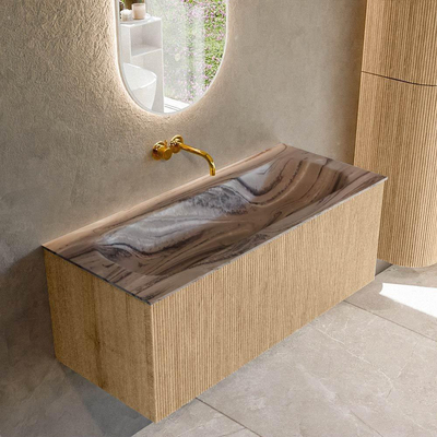 MONDIAZ KURVE-DLUX 110cm badmeubel kleur Oak met 1 lade en 0 deuren. Wastafel BIG MEDIUM Midden zonder kraangat Sombra.