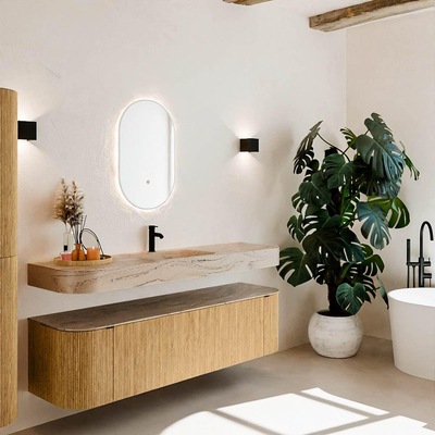 MONDIAZ THOR-DLUX 170cm meuble de salle de bains arrondi gauche + droite couleur Oak avec 1 tiroir et 2 portes. Vasque suspendue CLOUD Milieu 1 trou de robinet couleur Arena.