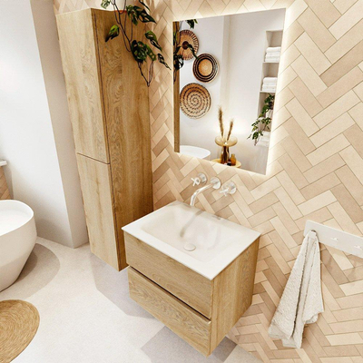 MONDIAZ VICA 60cm badmeubel onderkast Washed Oak 2 lades. Wastafel CLOUD midden zonder kraangat, kleur Talc.