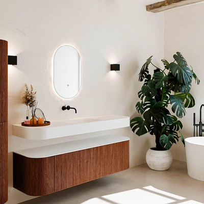 MONDIAZ THOR 160cm meuble de salle de bains arrondi gauche + droite couleur Ruby avec 1 tiroir et 2 portes. Vasque suspendue CLOUD Milieu sans trou de robinet couleur Talc.