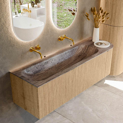 MONDIAZ KURVE-DLUX 145cm badmeubel ronding Rechts kleur Oak met 1 lade en 1 deur. Wastafel BIG LARGE Links zonder kraangat Oza.