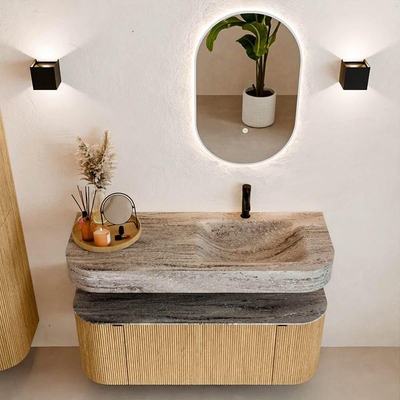 MONDIAZ THOR-DLUX Meuble de salle de bains 120cm arrondi gauche + droite couleur Oak avec 1 tiroir et 2 portes. Vasque suspendue CLOUD Droite 1 trou de robinet couleur Oza.