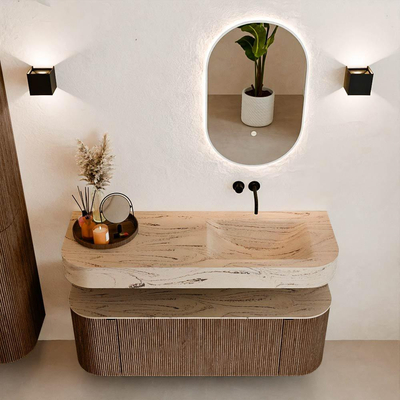 MONDIAZ THOR-DLUX 130cm meuble de salle de bains arrondi gauche + droite couleur Walnut avec 1 tiroir et 2 portes. Vasque suspendue CLOUD droite sans trou de robinet couleur Arena.