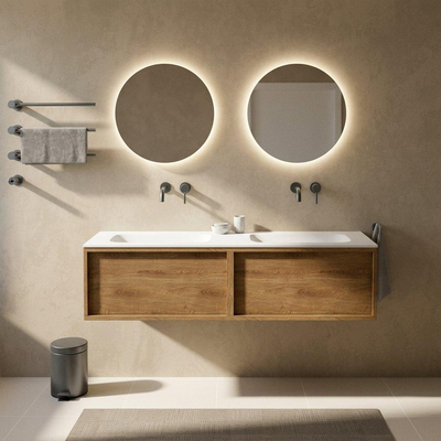 Saniclass Holz Frame Badkamermeubelset - 160x45x41.5cm - Flow solid surface wastafel wit - 2 wasbakken - zonder kraangaten - 2 lades - mat eiken natural (hout)