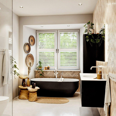 MONDIAZ VICA meuble sous lavabo 120cm Urban 2 tiroirs. Lavabo MOON central sans trou de robinet, couleur Talc.