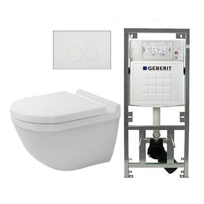 Duravit Starck 3 toiletset met Geberit inbouwreservoir toiletzitting met Saniclass softclose zitting en QeramiQ bedieningsplaat met rechthoekige knoppen wit