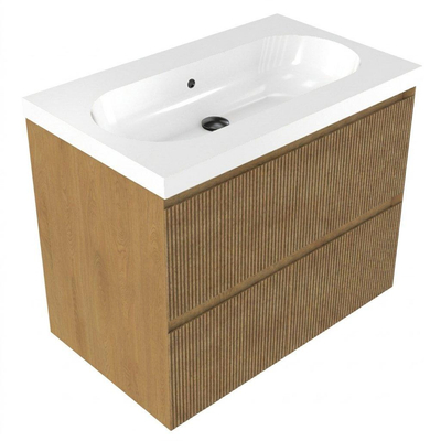 Saniclass Holz Atelier Ensemble de meubles de salle de bains - 80x45x63.5cm - lavabo Palermo en céramique blanc - 1 vasque - sans trou de robinet - 2 tiroirs - chêne natural mat (bois)
