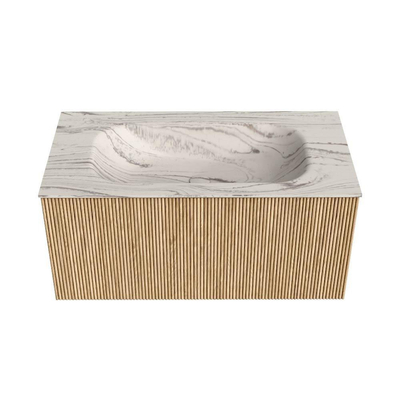 MONDIAZ KURVE-DLUX Meuble de salle de bains 90cm couleur Oak avec 1 tiroir et 0 portes. Lavabo BIG SMALL Centre sans trou de robinet Nata.