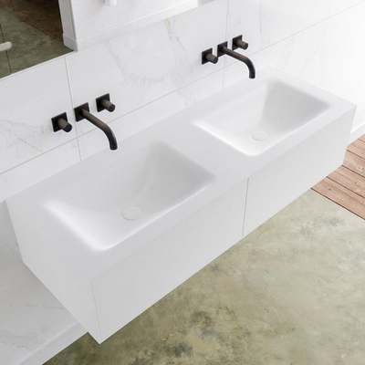 Mondiaz Lagom Meuble avec 2 tiroir 130x30x45cm vasque double Cloud sans trous de robinet Solid Surface Talc