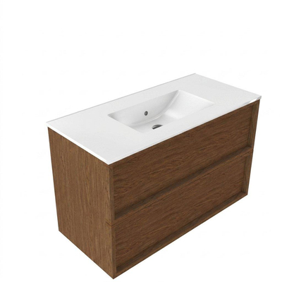 Saniclass Holz Frame Ensemble meuble de salle de bains - 100x45x62cm - Vygo lavabo en céramique blanc - 1 vasque - sans trou de robinet - 2 tiroirs - noyer pure mat (bois)