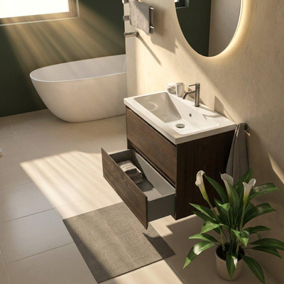 Saniclass Holz Pure Ensemble de meubles de salle de bains - 80x45x63.5cm - Lavabo en céramique Bari blanc - 1 vasque - 1 trou de robinetterie - 2 tiroirs - chêne charcoal mat (bois)