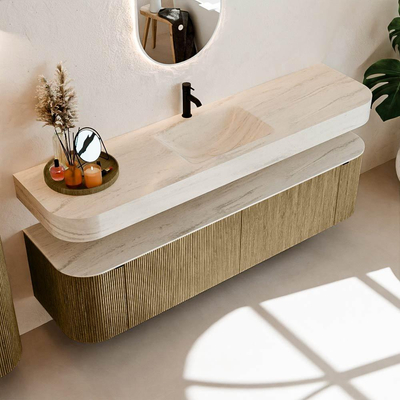 MONDIAZ THOR-DLUX 180cm badmeubel ronding links + rechts kleur Dusk met 2 lades en 2 deuren. Vrijhangende wastafel CLOUD Midden 1 kraangat kleur Meli.