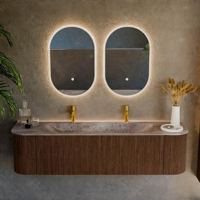 MONDIAZ KURVE-DLUX 170cm badmeubel ronding Links + Rechts kleur Walnut met 1 lade en 2 deuren. Wastafel BIG LARGE Midden 2 kraangaten Oza.