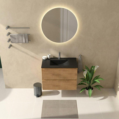 Saniclass Holz Atelier Ensemble meuble de salle de bains - 80x45x62cm - Lavabo Vygo en céramique noir - 1 vasque - 1 trou de robinet - 2 tiroirs - chêne natural mat (bois)