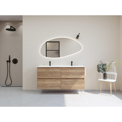 HR Infinity XXL 3d meuble de salle de bain 140 cm 2 vasques en céramique blanc mat 2 trous de robinetterie 4 tiroirs chêne français