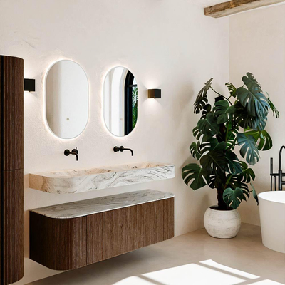 MONDIAZ THOR-DLUX 140cm meuble de salle de bains arrondi gauche + droite couleur Walnut avec 1 tiroir et 2 portes. Vasque suspendue CLOUD Double sans trou de robinet couleur Glace.