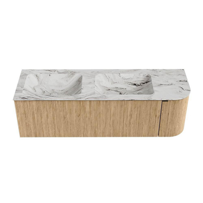 MONDIAZ KURVE-DLUX 145cm badmeubel met module 25 R kleur Oak met 1 lade en 1 deur. Wastafel LEAF dubbel / links 2 kraangaten kleur Glace.
