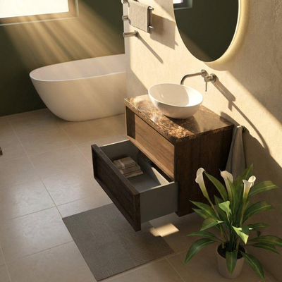 Saniclass Holz Frame Ensemble de meuble de salle de bains - 80x45x63cm - Plan de travail en pierre naturelle Noche dark emperador - sans trou de robinet - 2 tiroirs - chêne charcoal mat (bois)