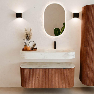MONDIAZ THOR-DLUX 110cm badmeubel ronding links + rechts kleur Ruby met 1 lade en 2 deuren. Vrijhangende wastafel CLOUD Rechts 1 kraangat kleur Ostra.