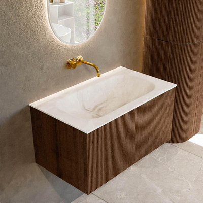 MONDIAZ KURVE-DLUX 80cm badmeubel kleur Walnut met 1 lade. Wastafel BIG SMALL midden zonder kraangat kleur Frappe.