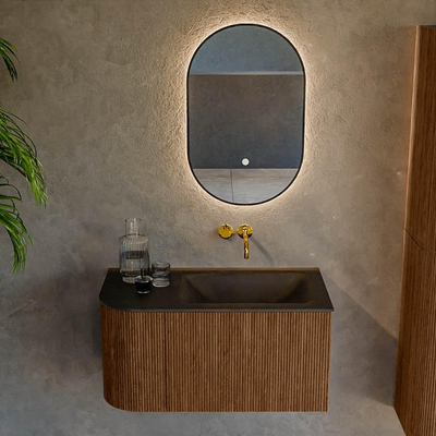 MONDIAZ KURVE 85cm Meuble salle de bain avec module 25 G - couleur Walnut - 1 tiroir - 1 porte - vasque CLOUD droite - sans trous de robinet - Urban