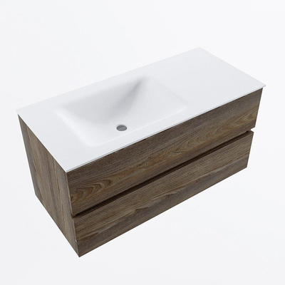 Mondiaz VICA ensemble de meuble de salle de bain - 100cm - meuble sous-vasque marron foncé gris - 2 tiroirs - lavabo cloud gauche - sans trous de robinet - version haute de 60cm - talc