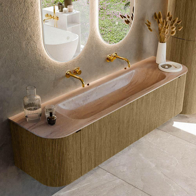 MONDIAZ KURVE-DLUX meuble de salle de bains 170cm arrondi Gauche + Droite couleur Dusk avec 1 tiroir et 2 portes. Lavabo BIG LARGE au milieu sans trou de robinet Saba.