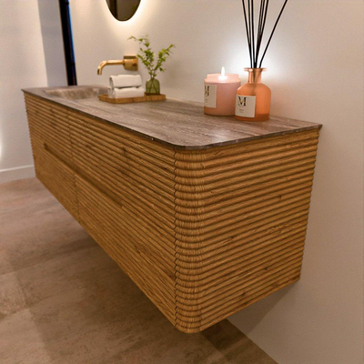 Mondiaz CIRO-DLUX Badkamermeubelset - 160x45x50cm - Solid surface wastafel Oza - 1 wasbak Links - zonder kraangaten - 4 lades - Oak